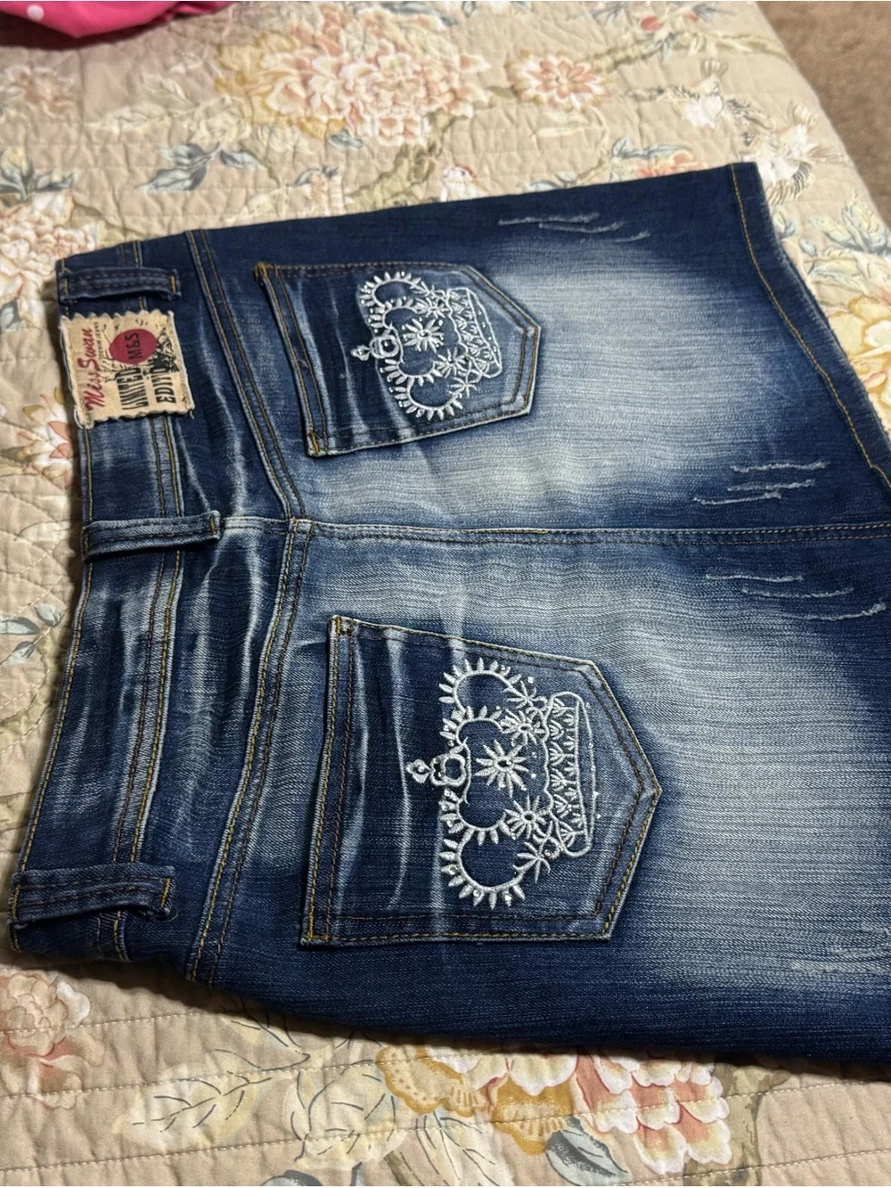 Washed Dark Blue Denim Mini Skirt - Embroidered Pocket Detail